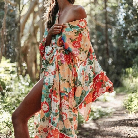 NEW Boho Retro Floral Kimono Gypsy Robe Duster Sheer Chiffon  Red Peach Teal - Picture 3 of 11